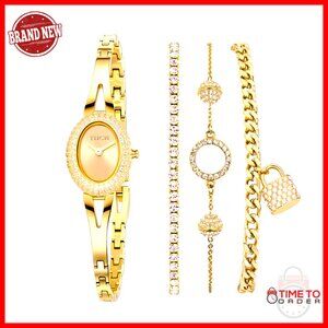 Gold Plated Watch Bracelet Set Stainless Steel Crystal Bezel Adjustable